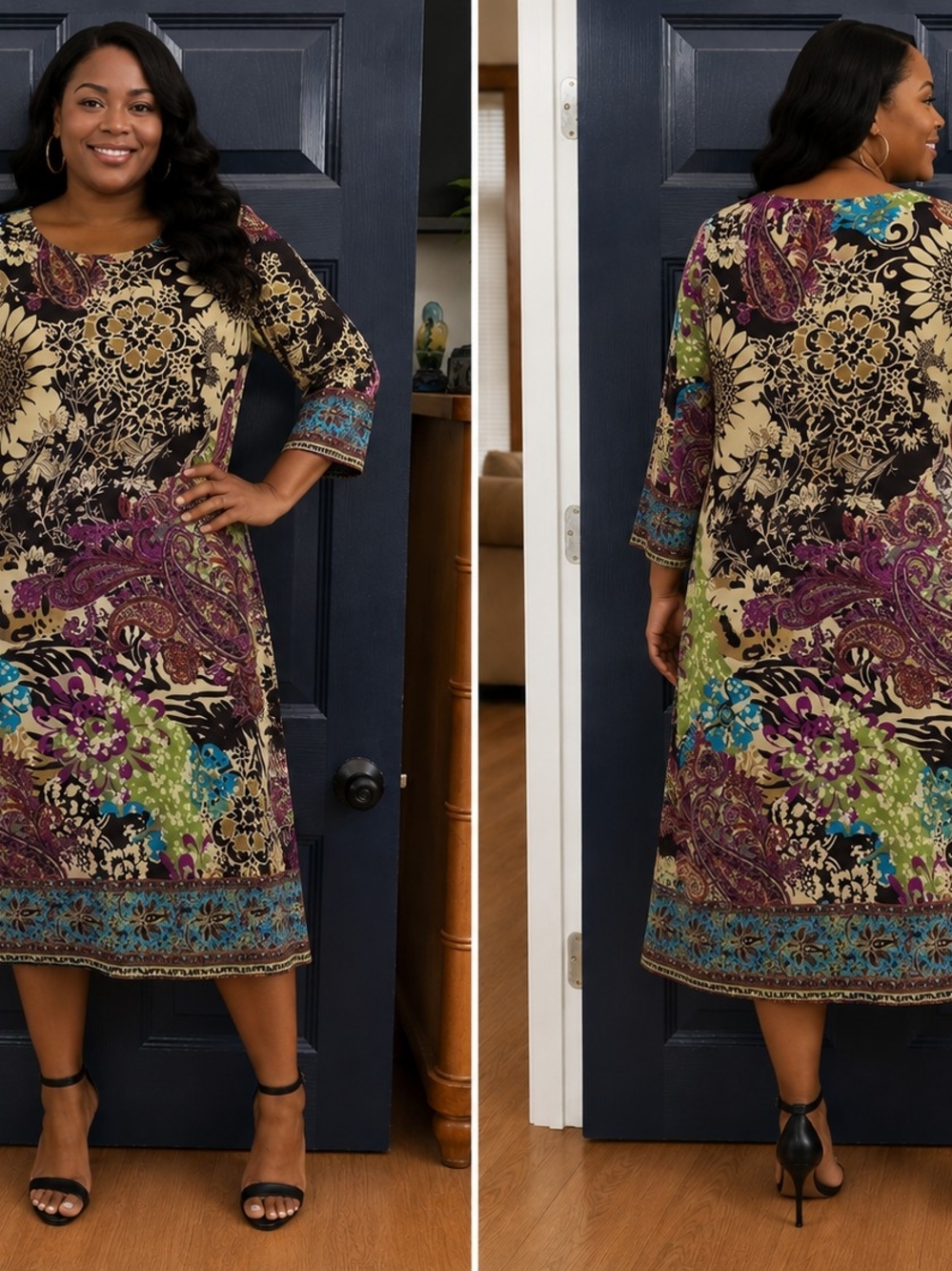 ECI NEW YORK Black Floral Paisley Midi Dress with Multicolor Accents